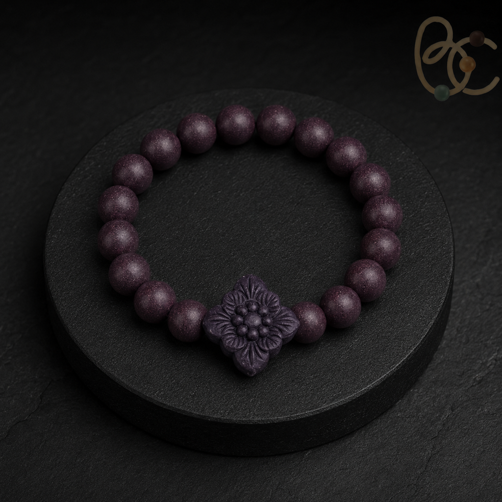 Imperial Violet — Rose Sandalwood Bracelet with Floral Charm