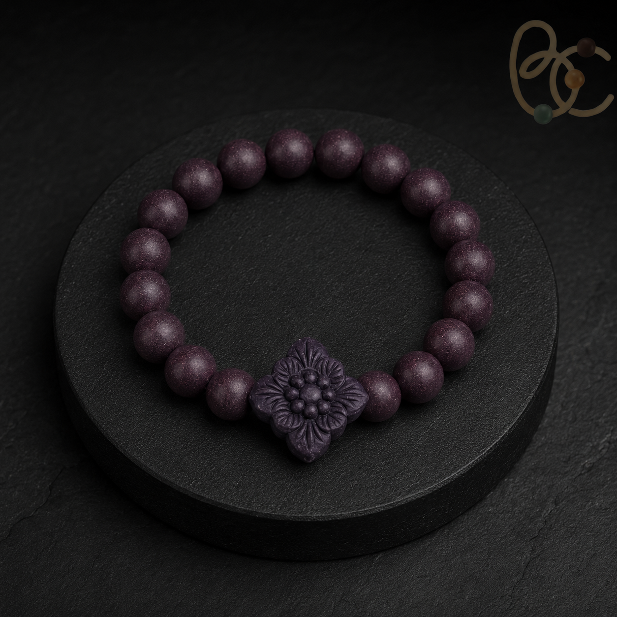 Imperial Violet — Rose Sandalwood Bracelet with Floral Charm