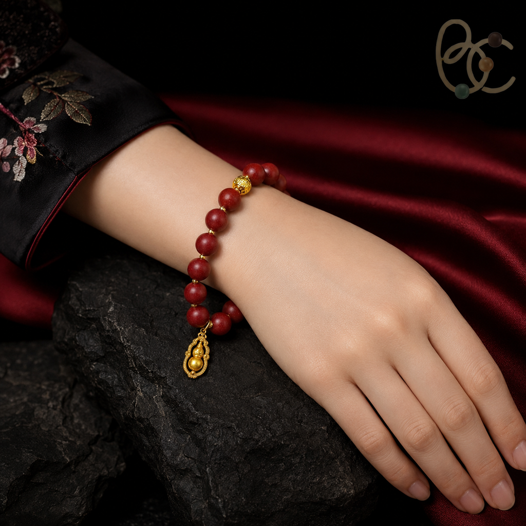 Lady of Blossoms — Rose Agarwood Bracelet with Golden Gourd Charm