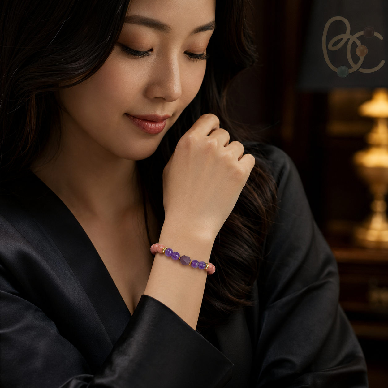 Rose Mist — Rose Agarwood Incense Bracelet with Amethyst