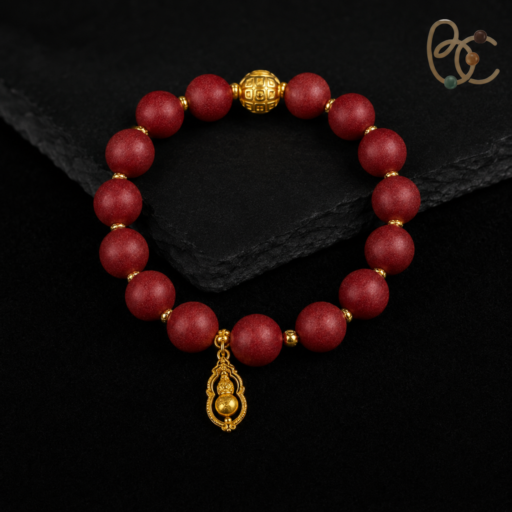 Lady of Blossoms — Rose Agarwood Bracelet with Golden Gourd Charm