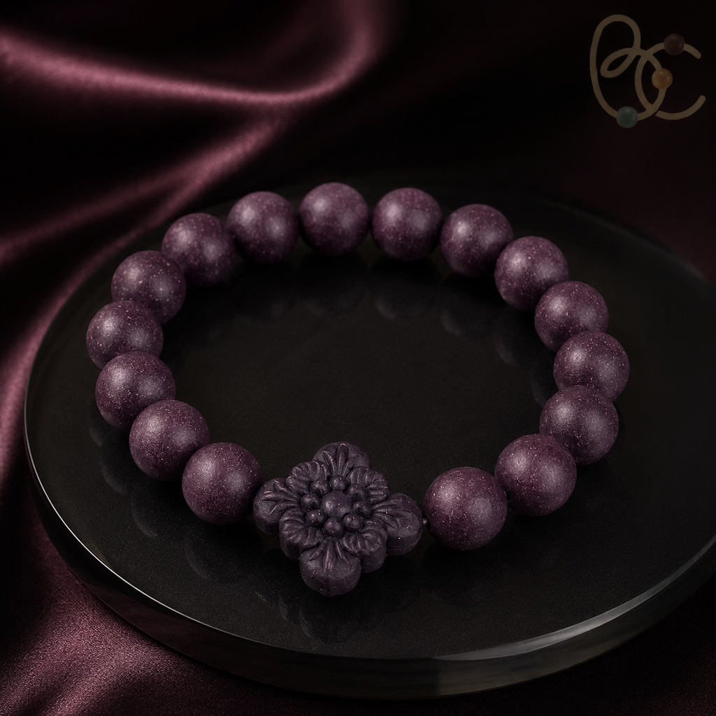 Imperial Violet — Rose Sandalwood Bracelet with Floral Charm