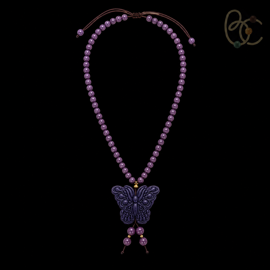 Imperial Violet — Rose Sandalwood Butterfly Tassel Necklace