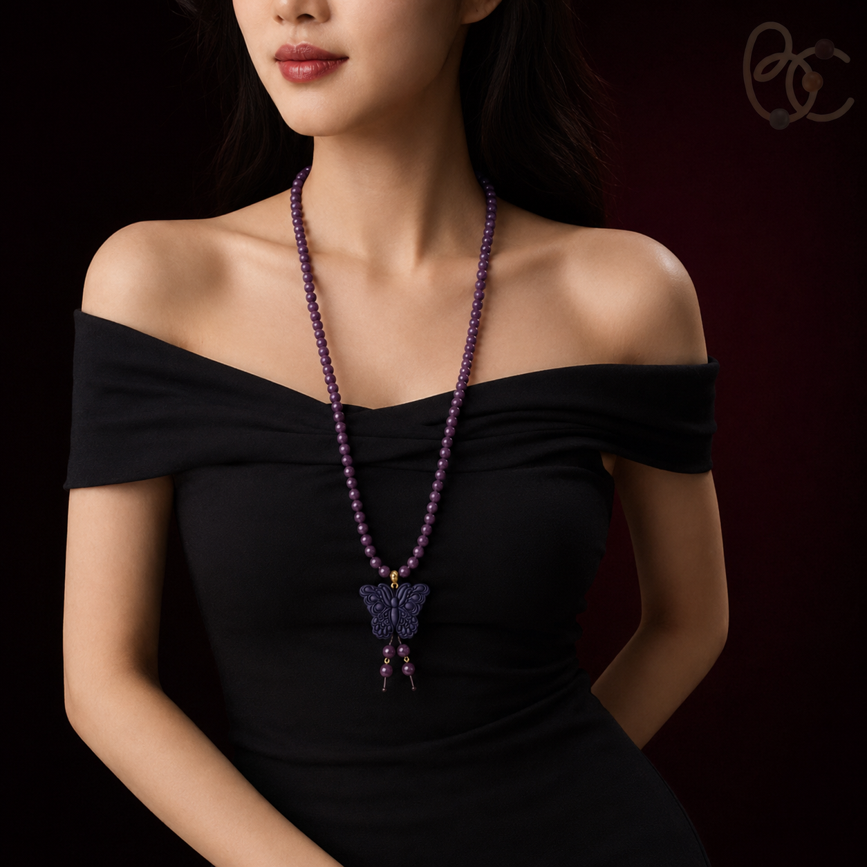 Imperial Violet — Rose Sandalwood Butterfly Tassel Necklace