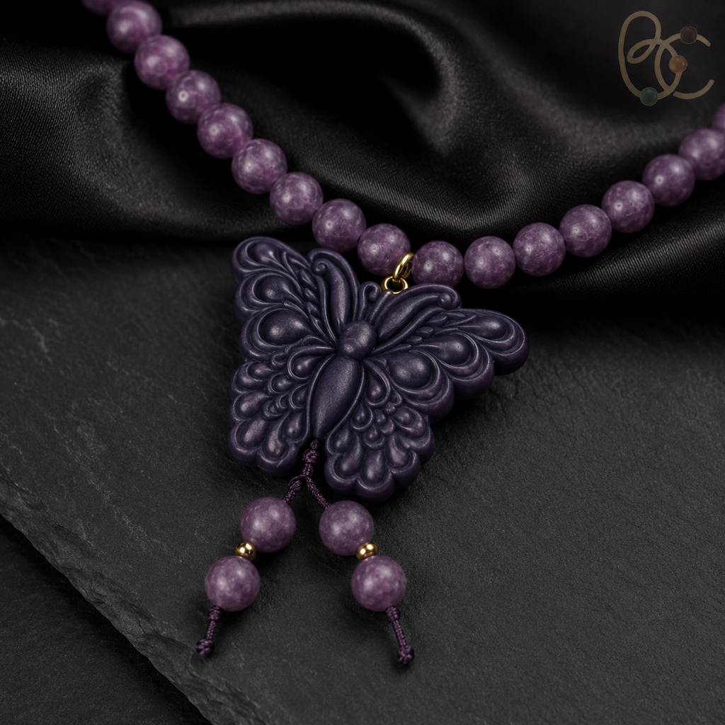 Imperial Violet — Rose Sandalwood Butterfly Tassel Necklace
