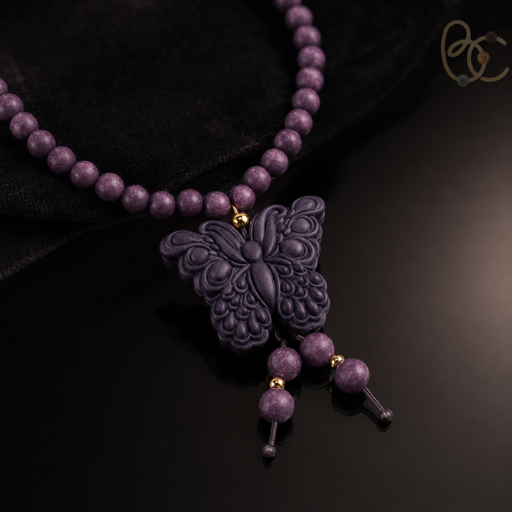 Imperial Violet — Rose Sandalwood Butterfly Tassel Necklace