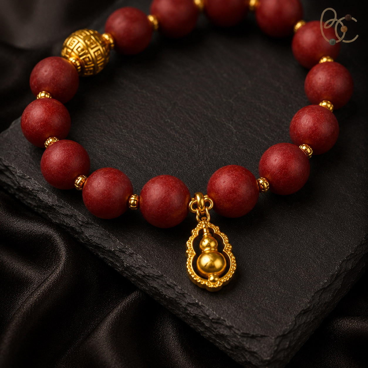Lady of Blossoms — Rose Agarwood Bracelet with Golden Gourd Charm