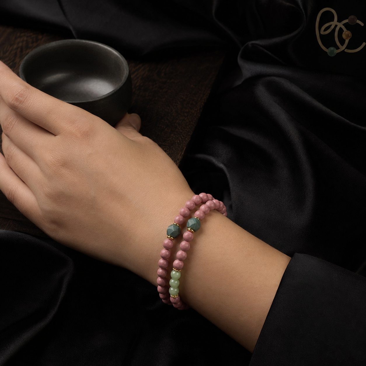 Blush & Azure — Double-Wrap Rose Agarwood Incense Bracelet