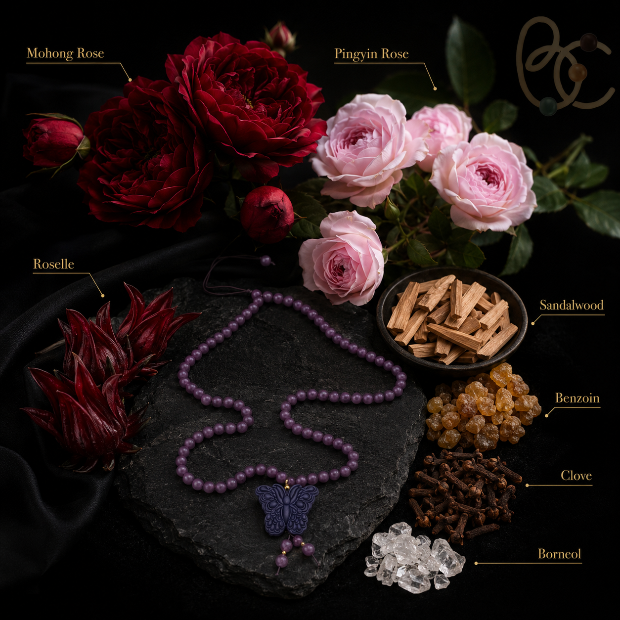 Imperial Violet — Rose Sandalwood Butterfly Tassel Necklace