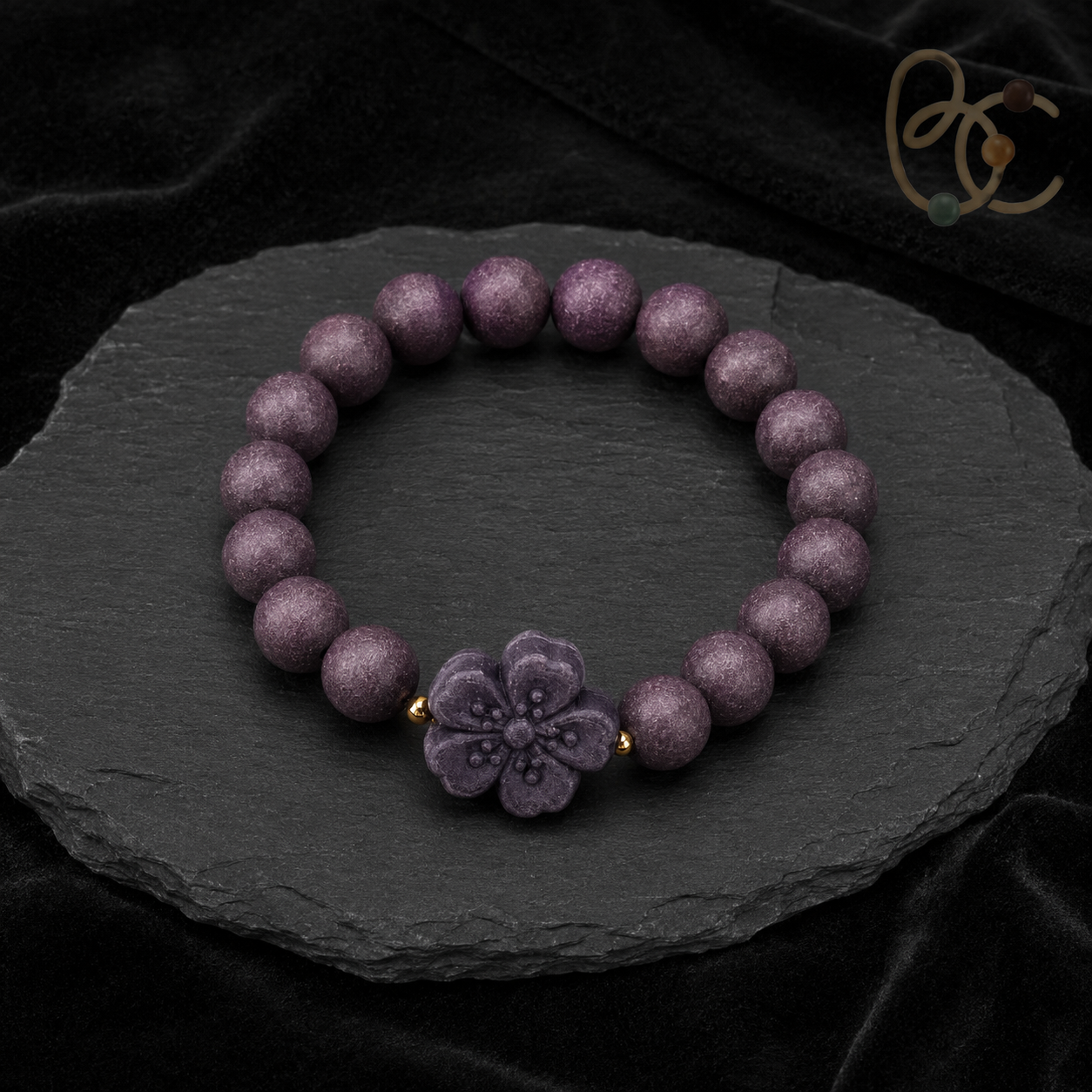 Imperial Violet — Rose Sandalwood Bracelet with Peach Blossom Charm