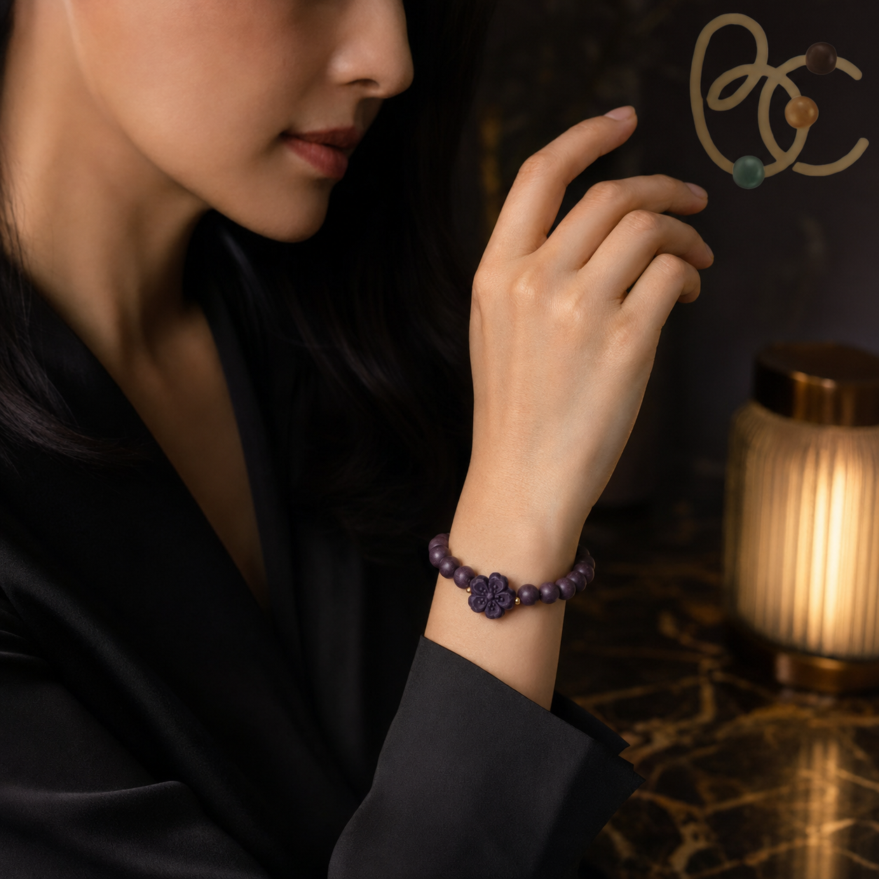 Imperial Violet — Rose Sandalwood Bracelet with Peach Blossom Charm