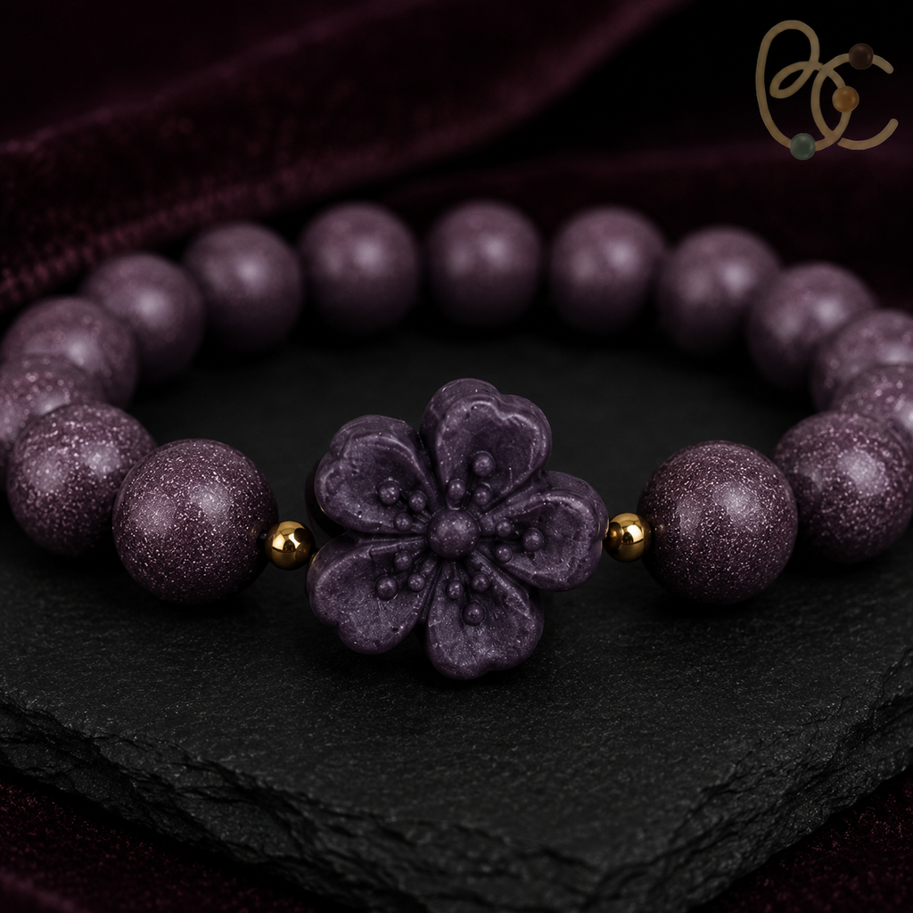 Imperial Violet — Rose Sandalwood Bracelet with Peach Blossom Charm