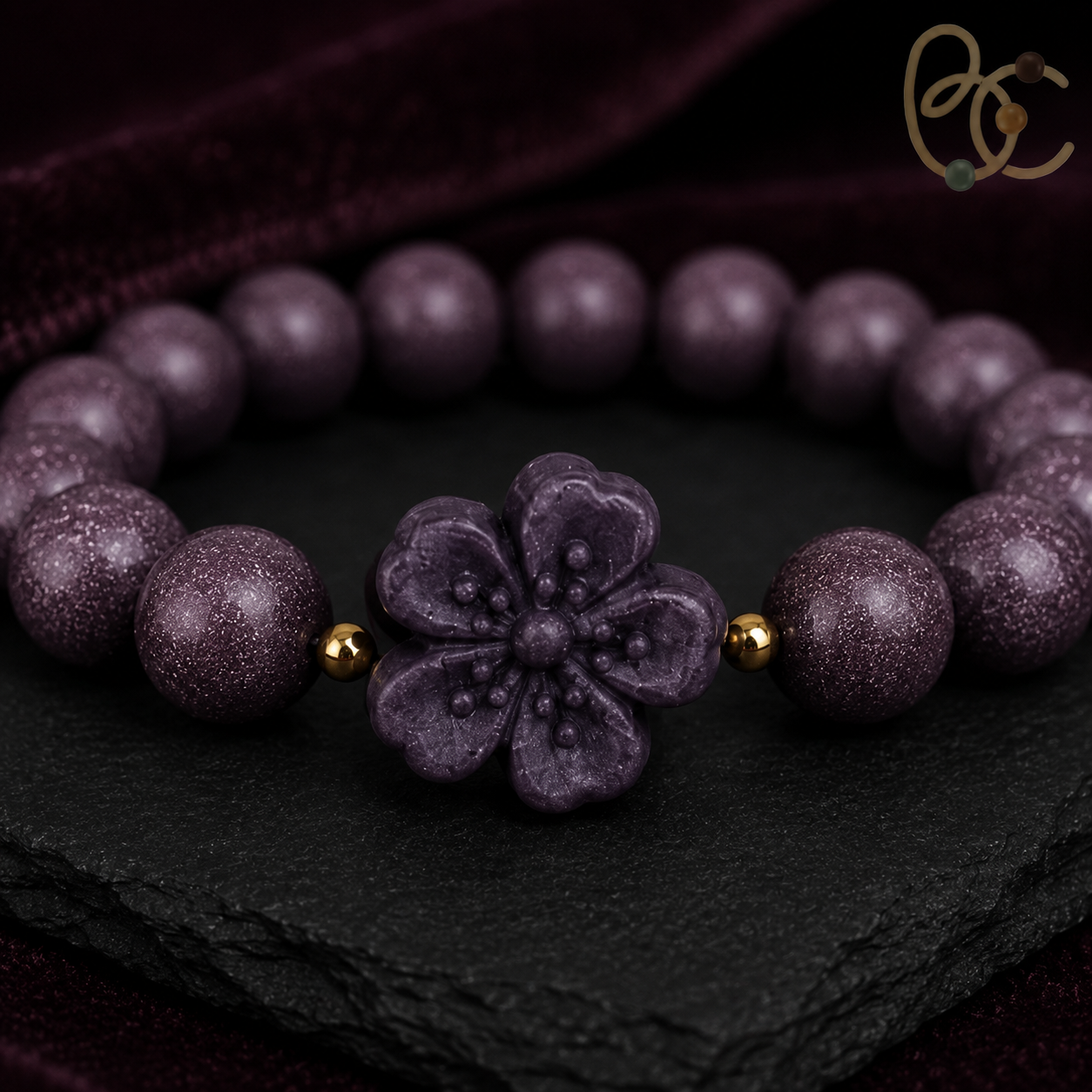 Imperial Violet — Rose Sandalwood Bracelet with Peach Blossom Charm