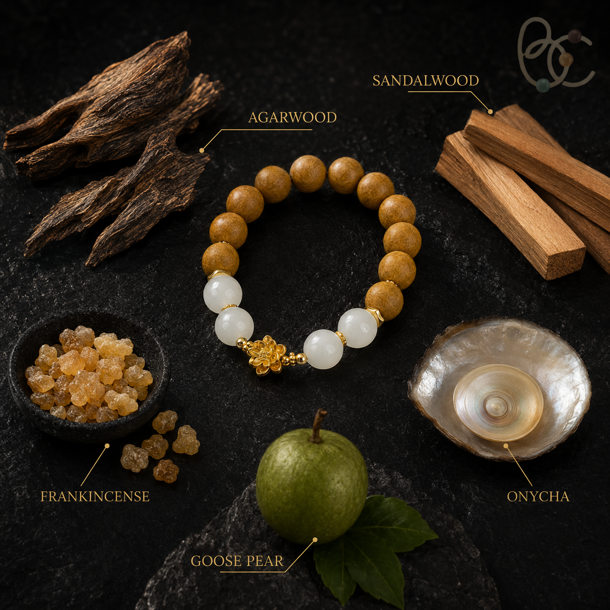 Pear Pavilion — 12mm Agarwood & Sandalwood Charm Bracelet