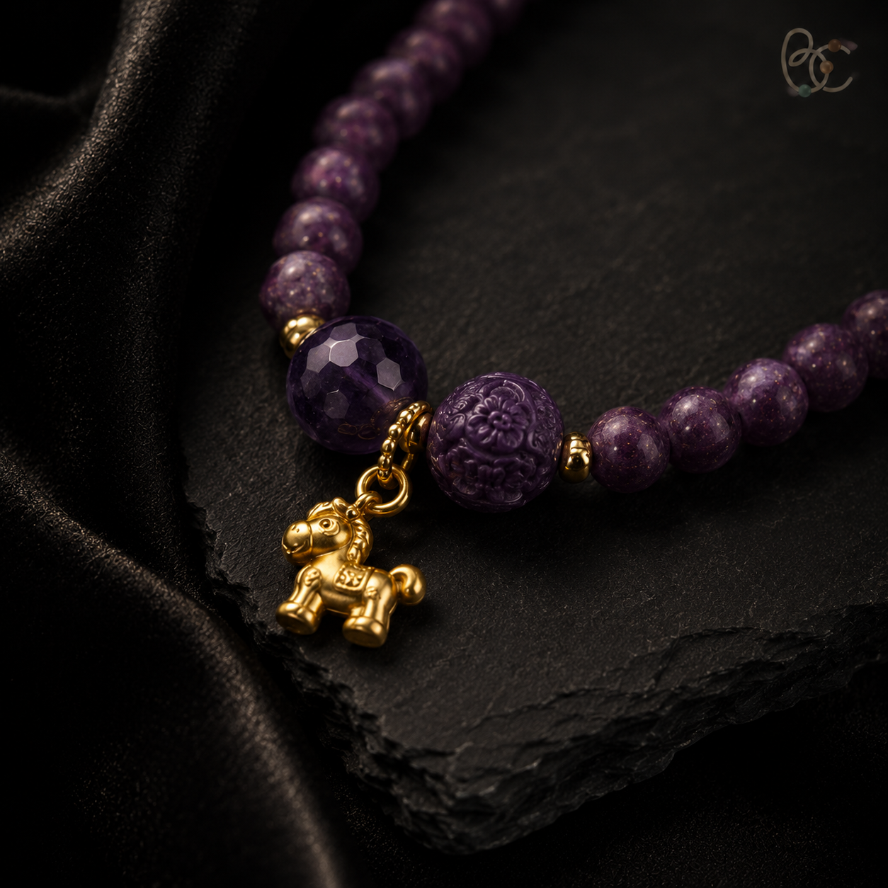 Imperial Violet — Double-Wrap Rose Bracelet with Horse Charm
