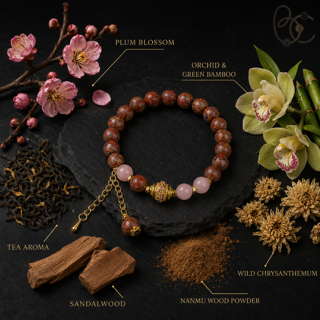 Dunhuang Spectrum — Floral Tea & Sandalwood Incense Charm Bracelet