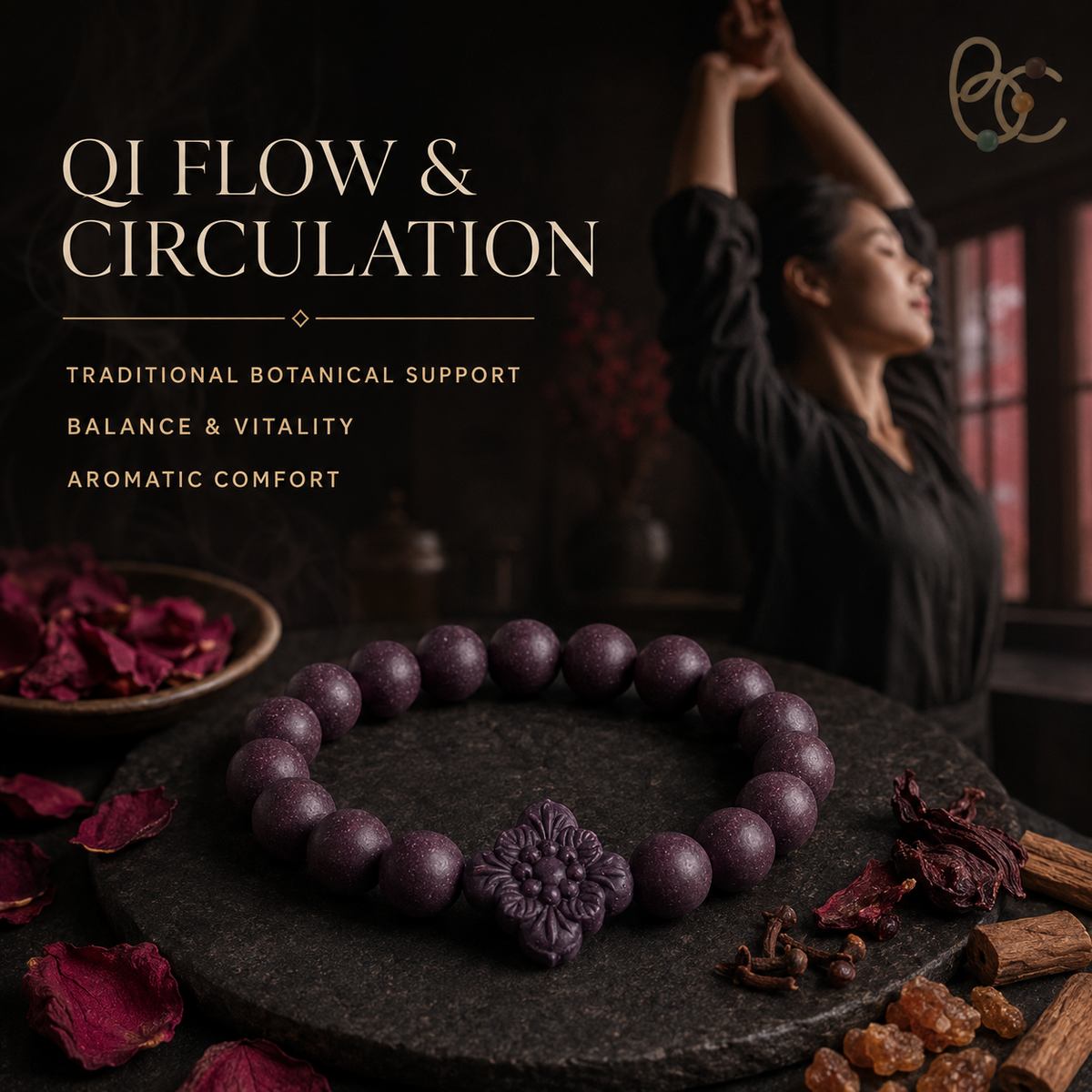 Imperial Violet — Rose Sandalwood Bracelet with Floral Charm
