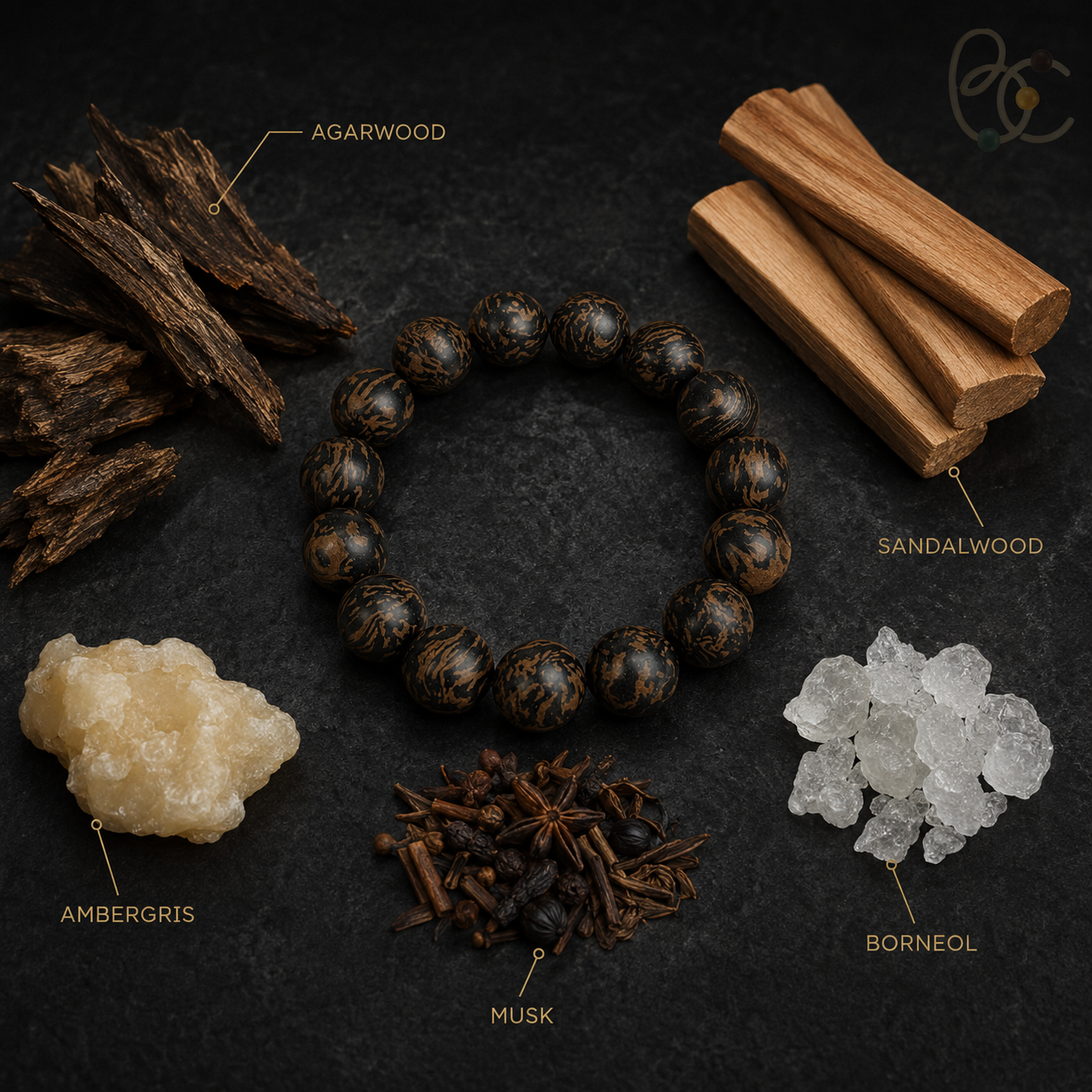 Black Gold Fourfold — 15mm Agarwood Sandalwood Incense Bracelet