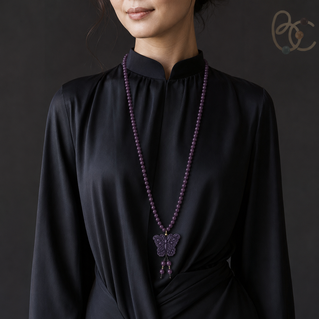 Imperial Violet — Rose Sandalwood Butterfly Tassel Necklace