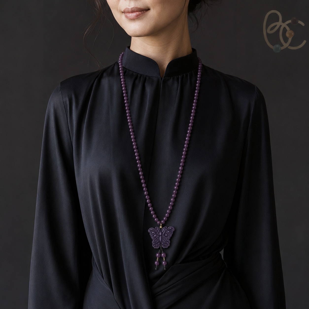 Imperial Violet — Rose Sandalwood Butterfly Tassel Necklace