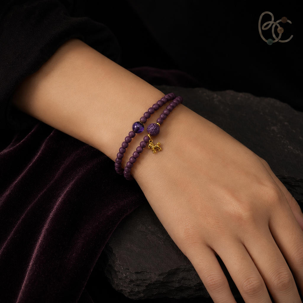Imperial Violet — Double-Wrap Rose Bracelet with Horse Charm
