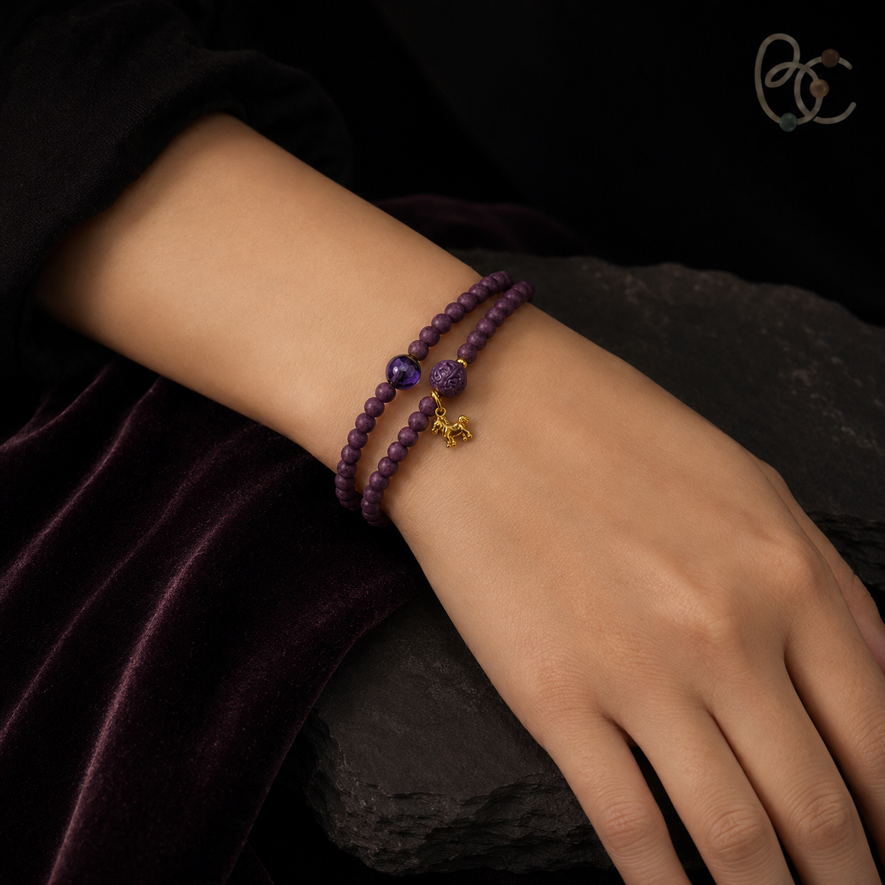 Imperial Violet — Double-Wrap Rose Bracelet with Horse Charm