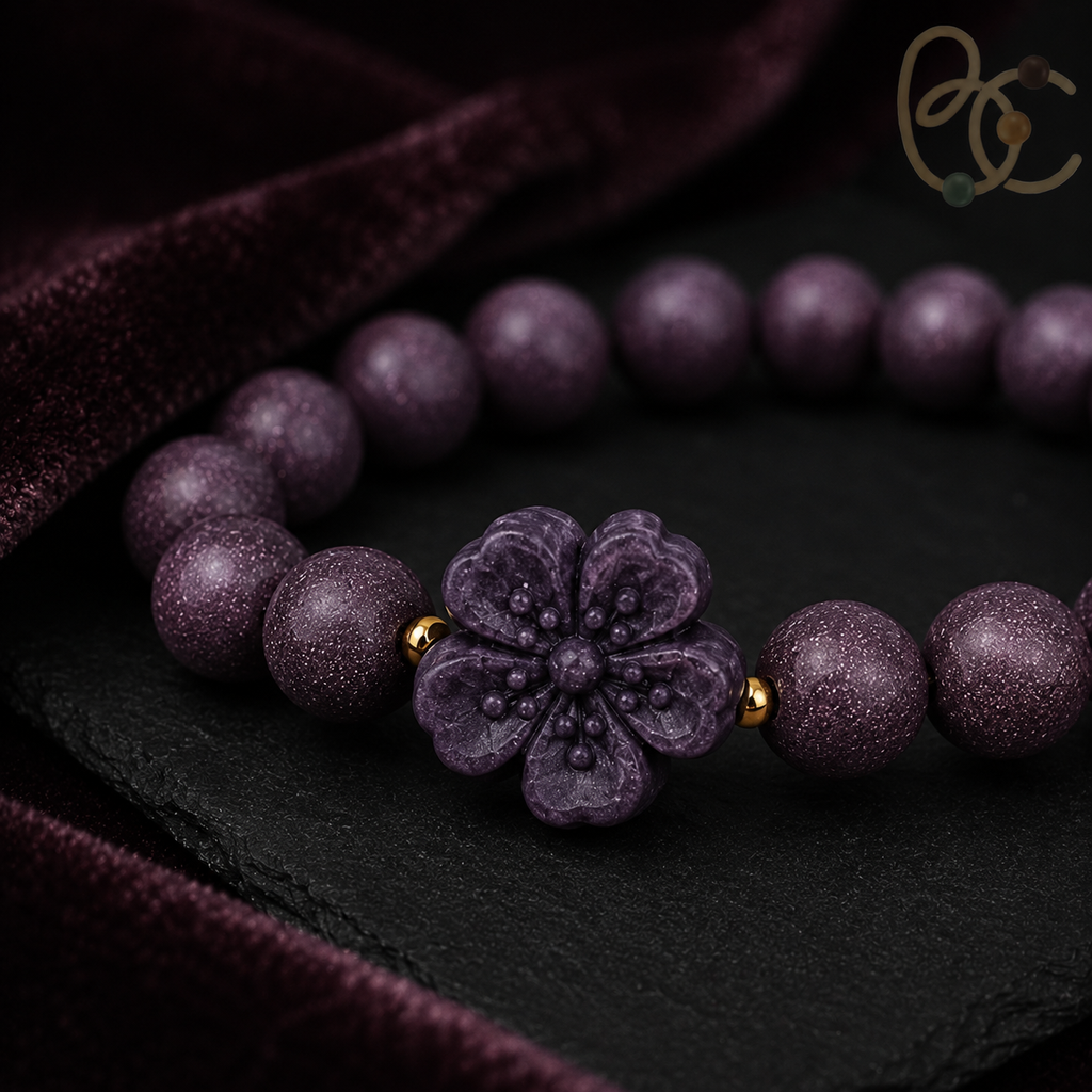 Imperial Violet — Rose Sandalwood Bracelet with Peach Blossom Charm