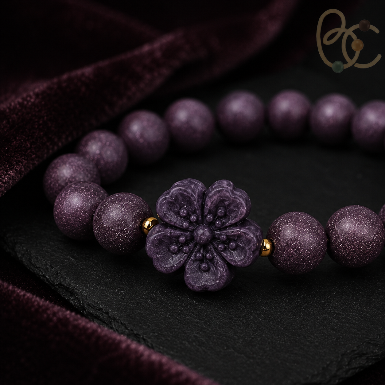Imperial Violet — Rose Sandalwood Bracelet with Peach Blossom Charm