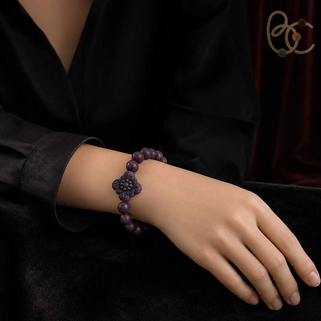 Imperial Violet — Rose Sandalwood Bracelet with Floral Charm