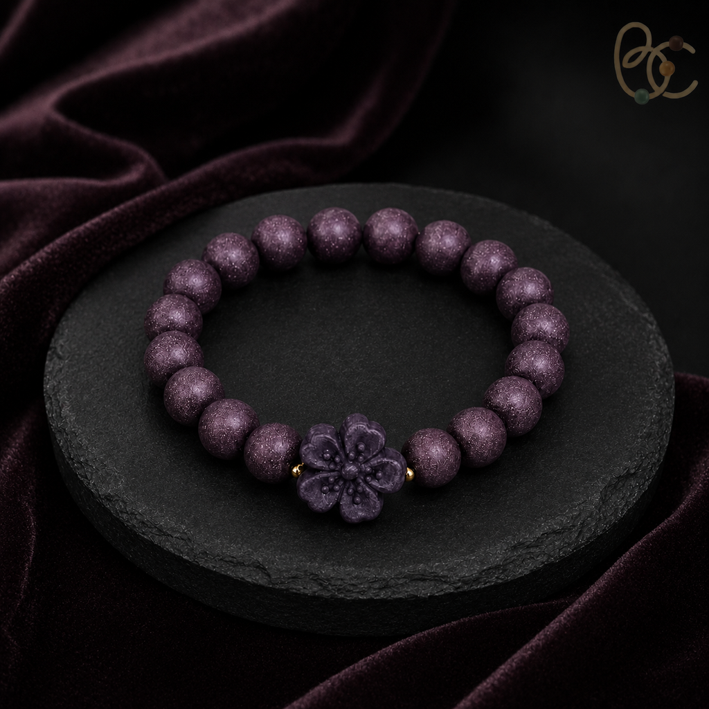 Imperial Violet — Rose Sandalwood Bracelet with Peach Blossom Charm