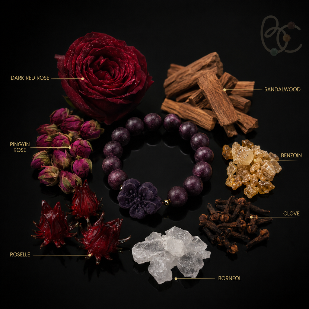 Imperial Violet — Rose Sandalwood Bracelet with Peach Blossom Charm