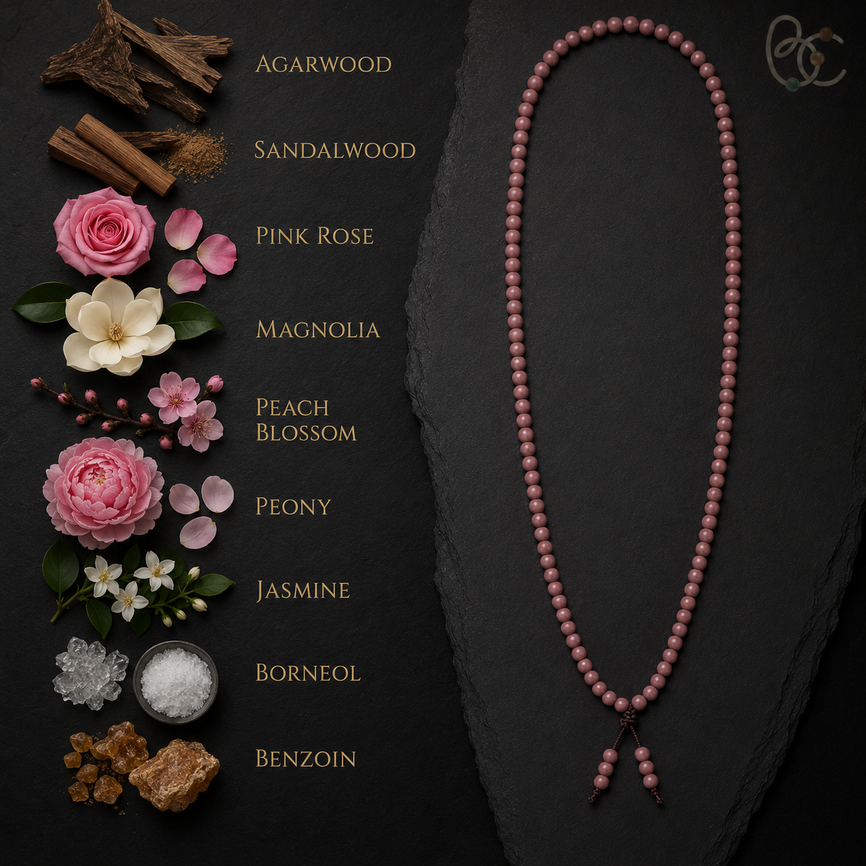 Blush Reverie — Rose Agarwood Long-Strand Incense Mala