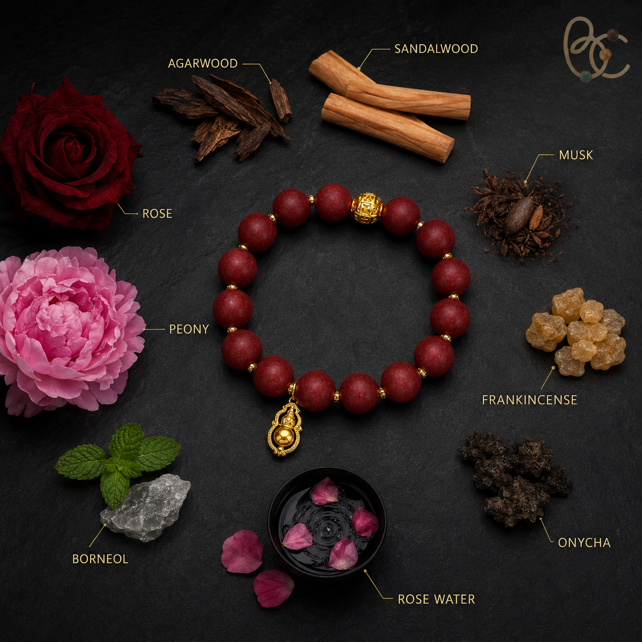 Lady of Blossoms — Rose Agarwood Bracelet with Golden Gourd Charm