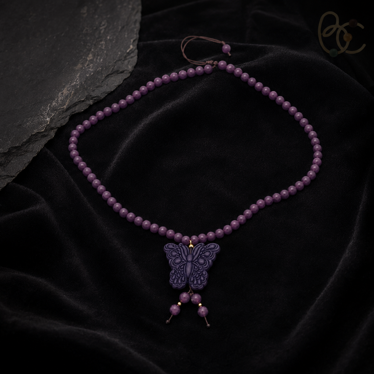 Imperial Violet — Rose Sandalwood Butterfly Tassel Necklace