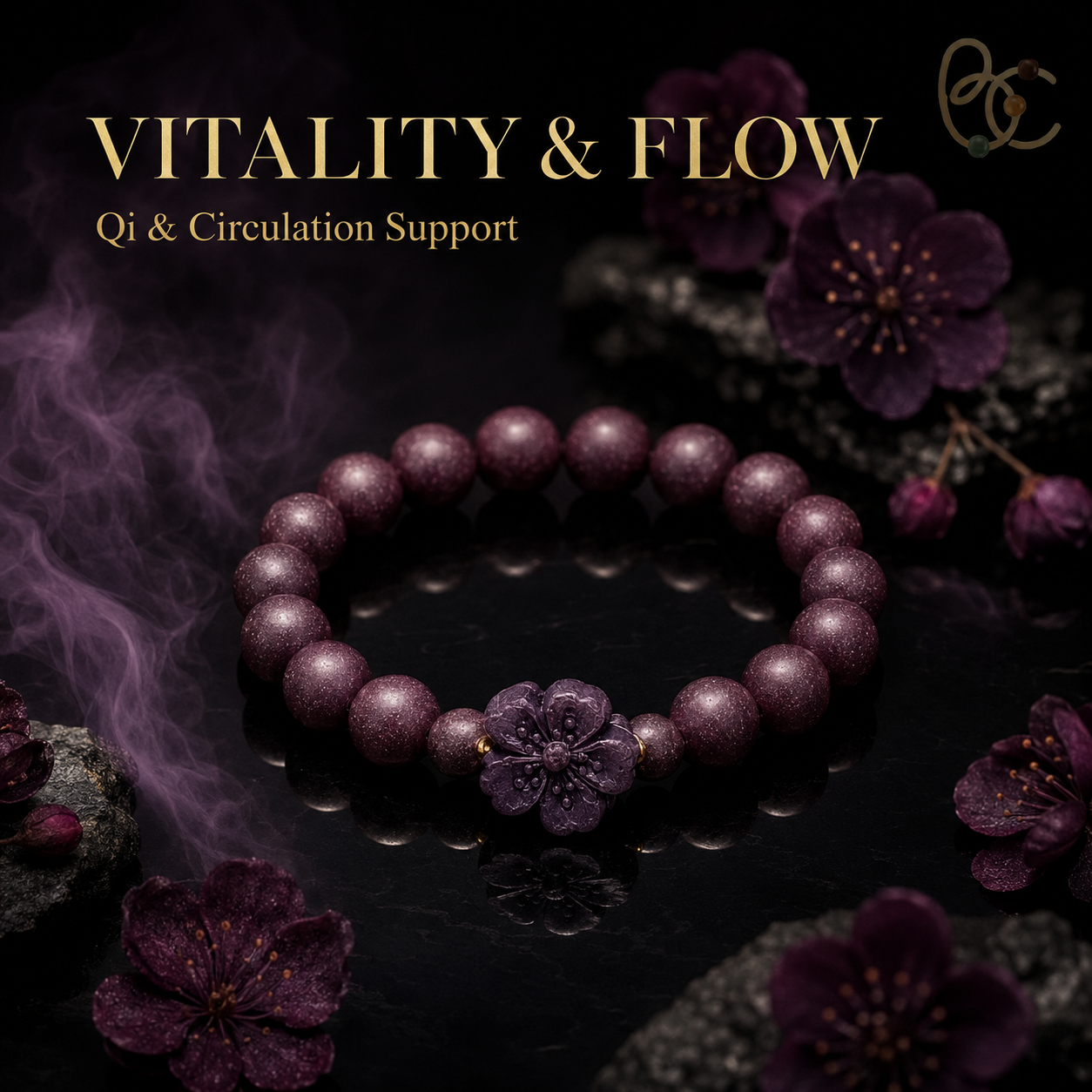 Imperial Violet — Rose Sandalwood Bracelet with Peach Blossom Charm