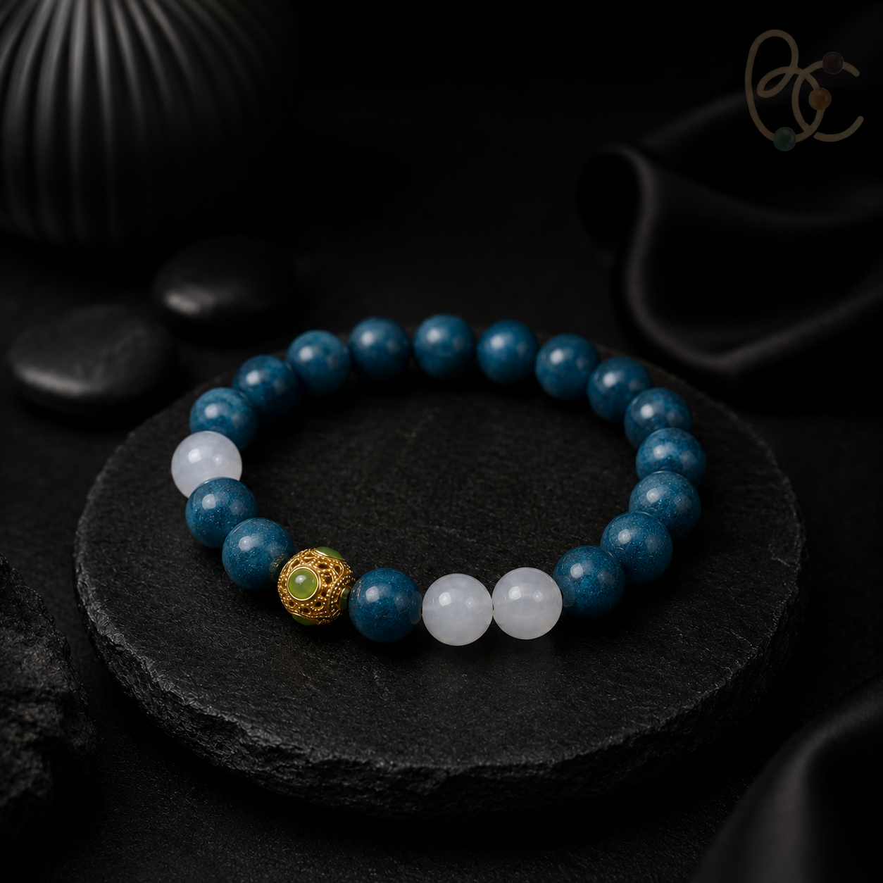 Azure Sage — Mint Agarwood Incense Bracelet with White Agate