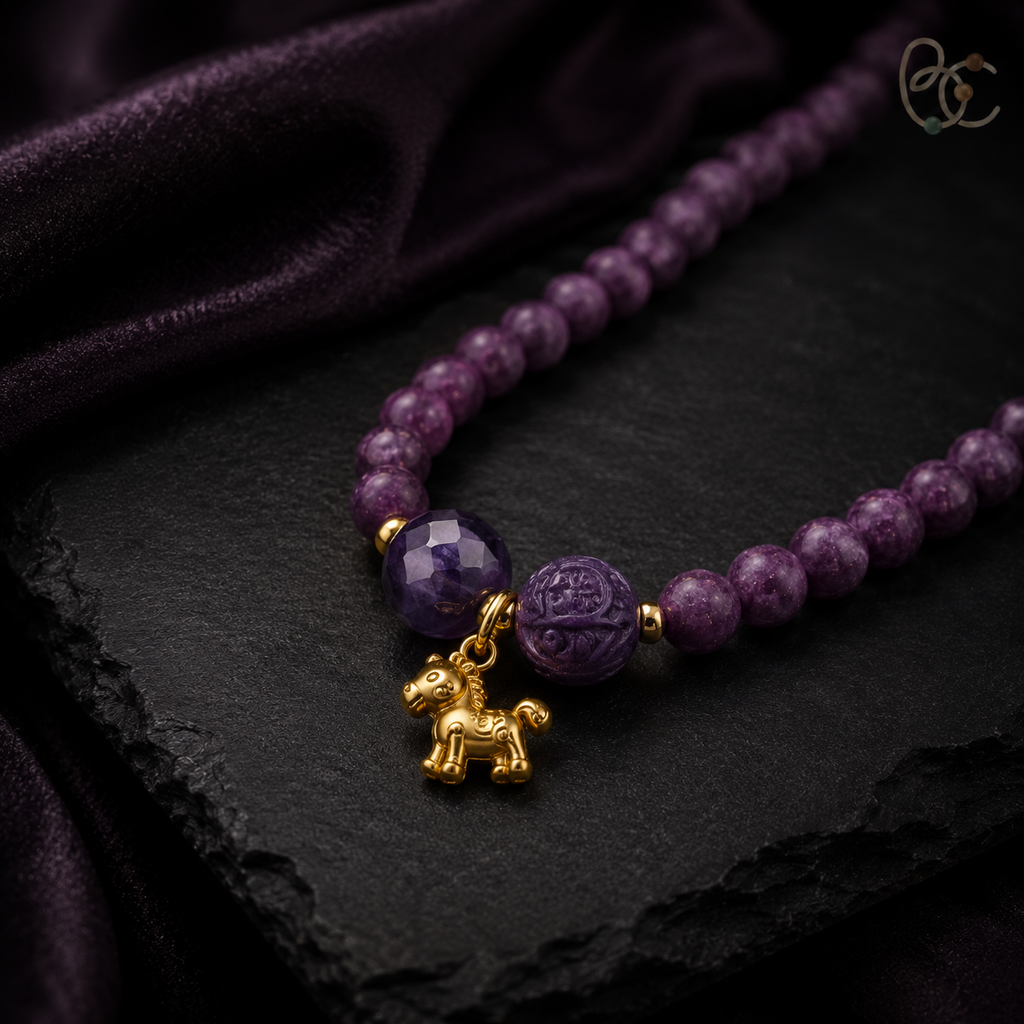 Imperial Violet — Double-Wrap Rose Bracelet with Horse Charm