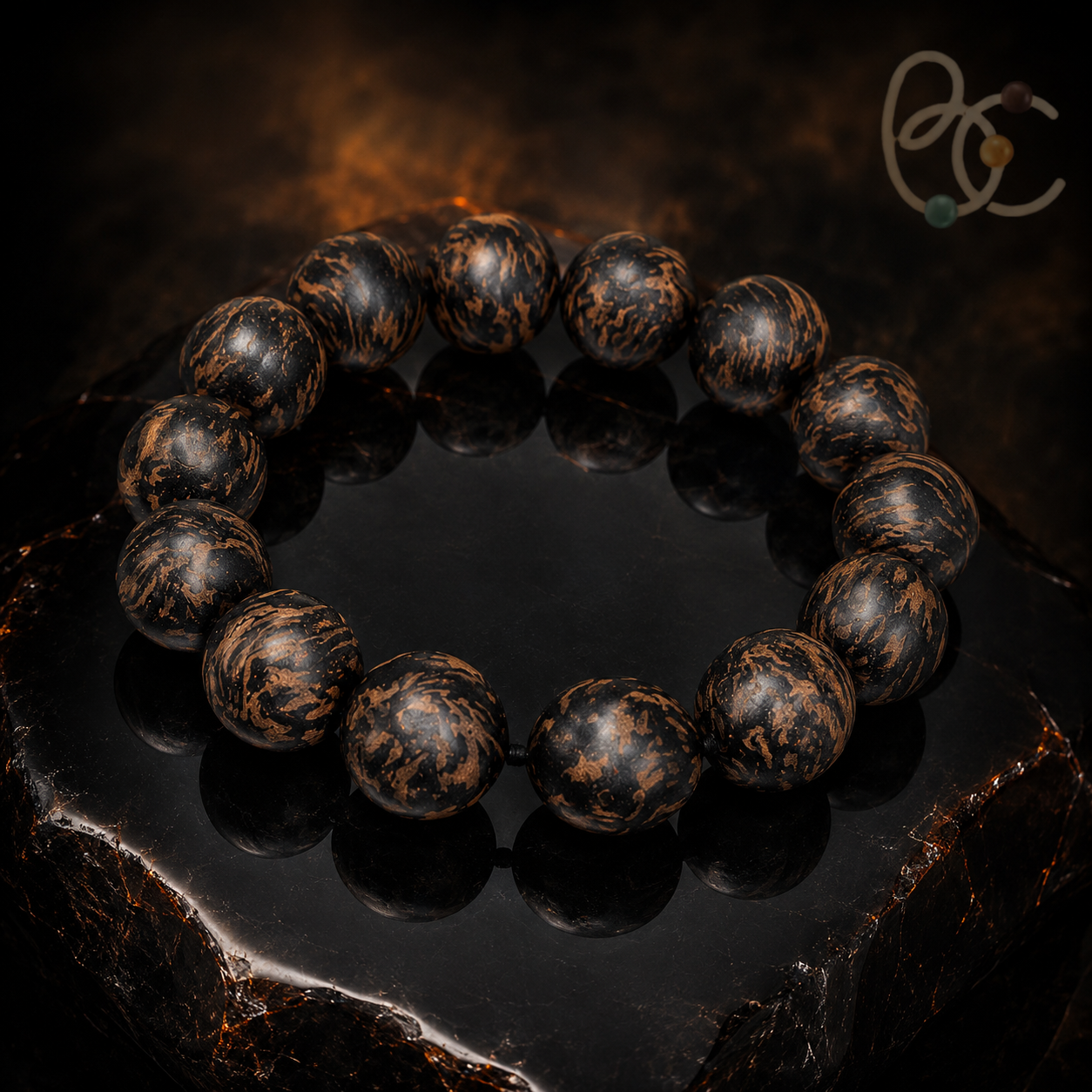Black Gold Fourfold — 15mm Agarwood Sandalwood Incense Bracelet