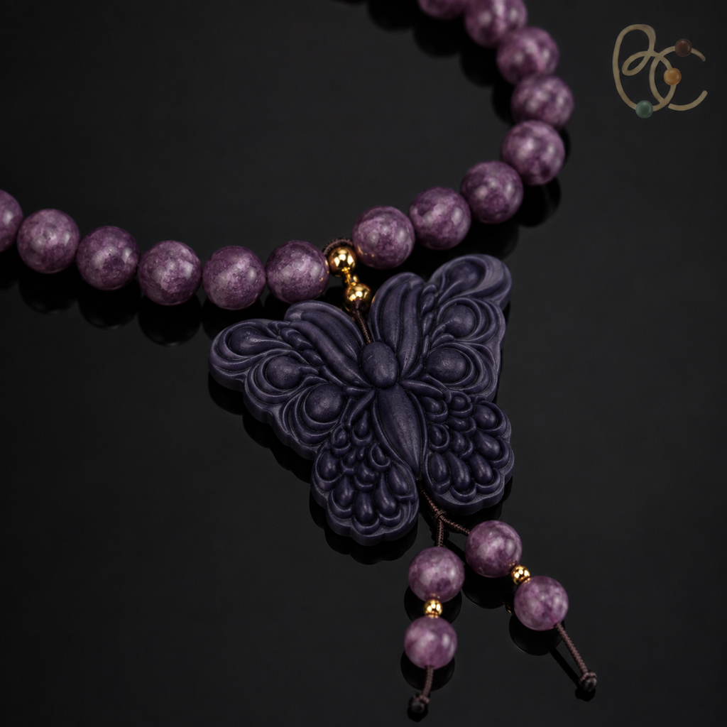 Imperial Violet — Rose Sandalwood Butterfly Tassel Necklace
