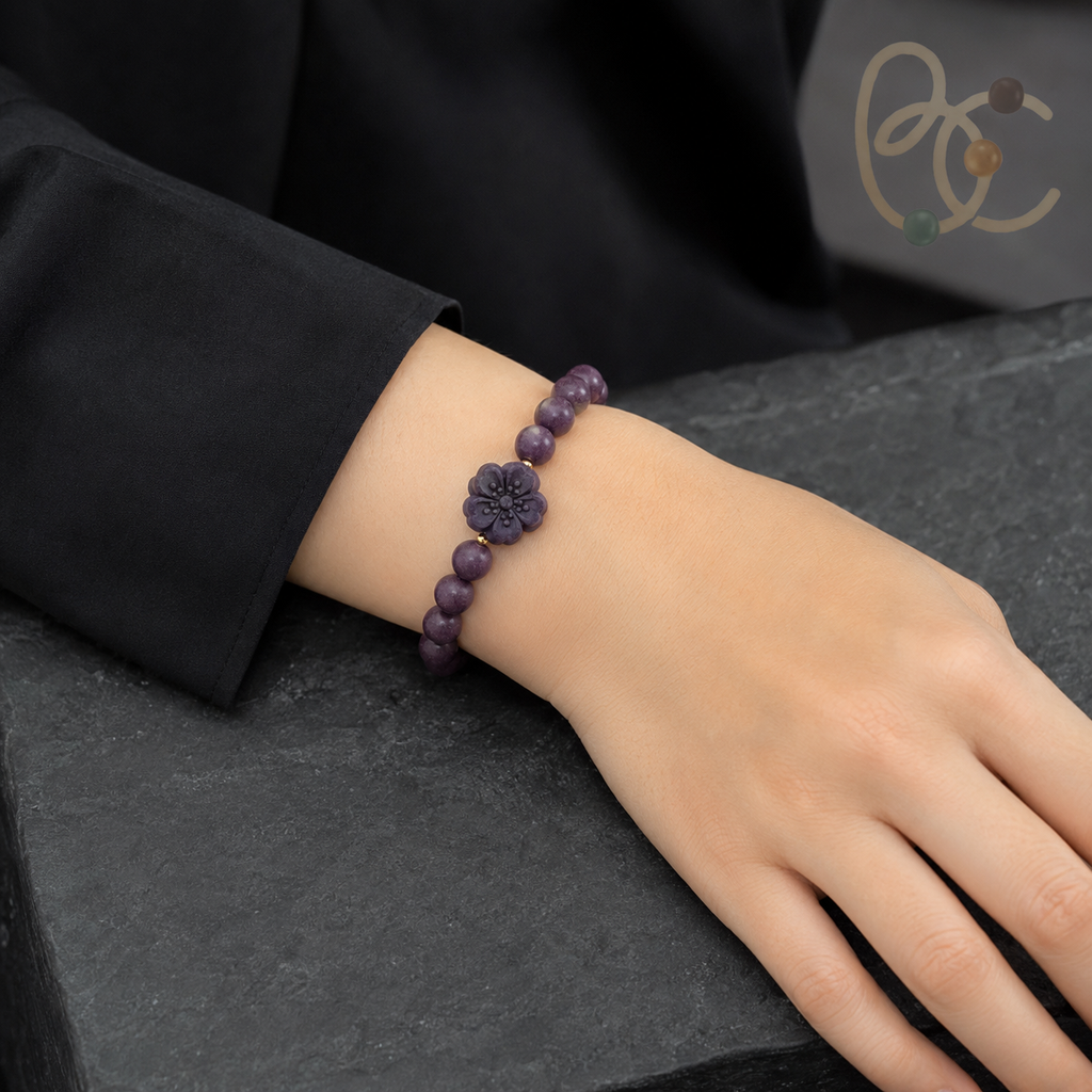 Imperial Violet — Rose Sandalwood Bracelet with Peach Blossom Charm