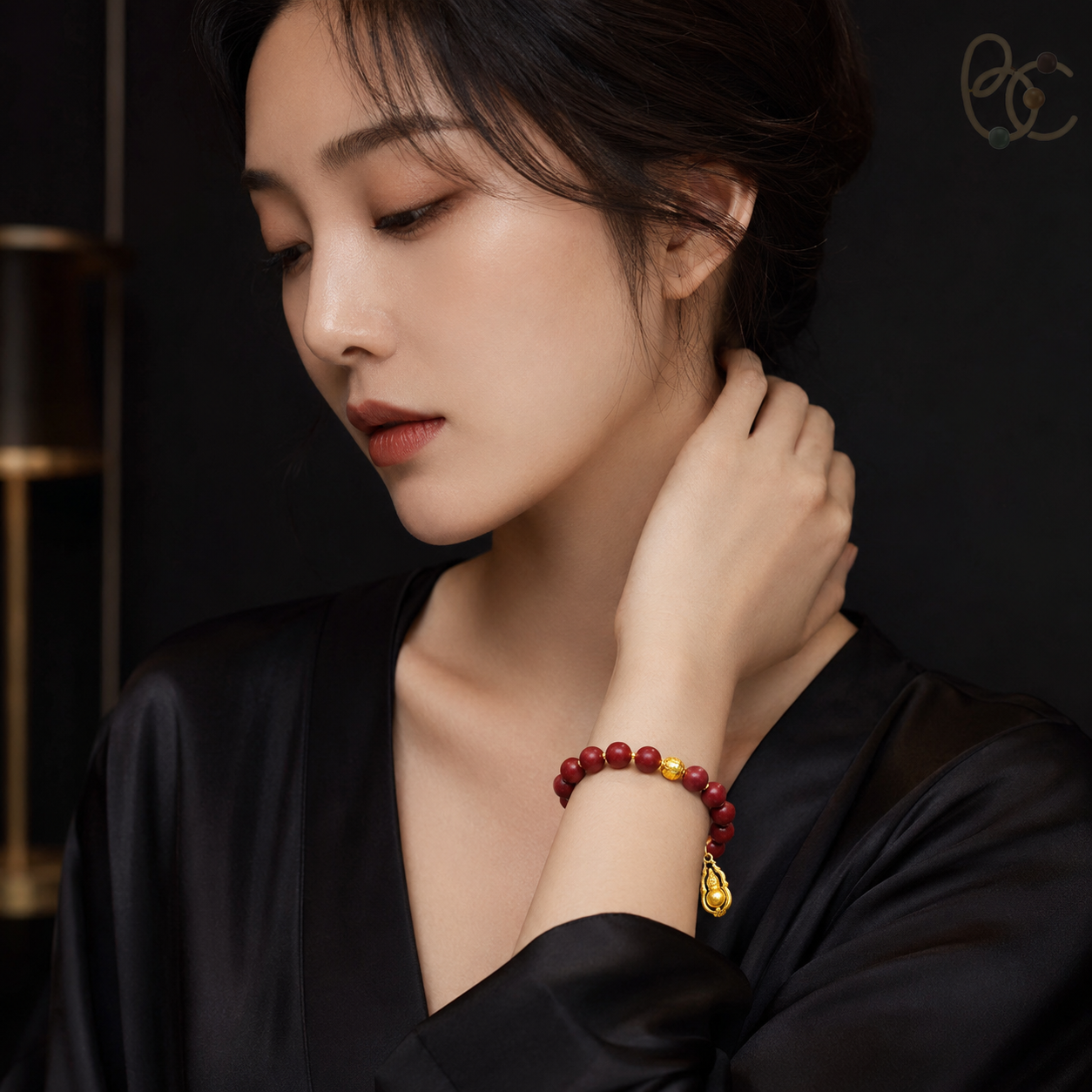 Lady of Blossoms — Rose Agarwood Bracelet with Golden Gourd Charm