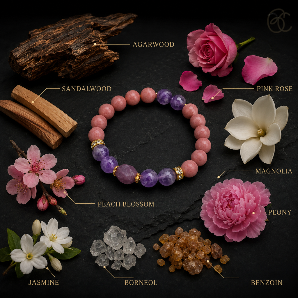 Rose Mist — Rose Agarwood Incense Bracelet with Amethyst